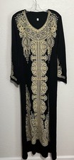 Sm/Med Embroidered Gold Metallic thobe Palestinian Boho Abaya dress Black