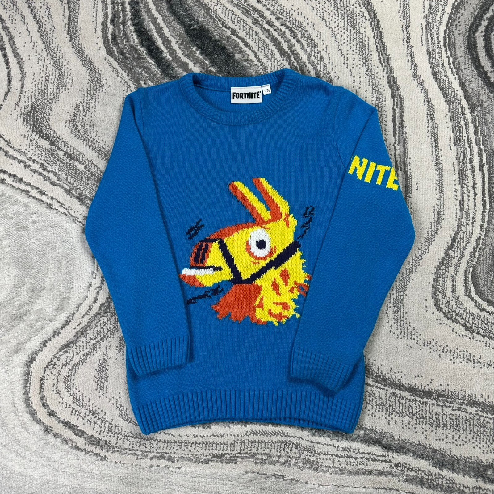 Vintage Fortnite Blue Loot Llama Christmas Boys Youth Large Acrylic Knit Jumper