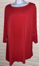 Susan Graver Sz LARGE Red Liquid Knit Tunic Asymmetrical Hemline Scoop Neck EUC