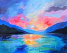 Original Painting On Canvas. Ocean & Mountain Sunset. Landscape Art. 11X14 COA 