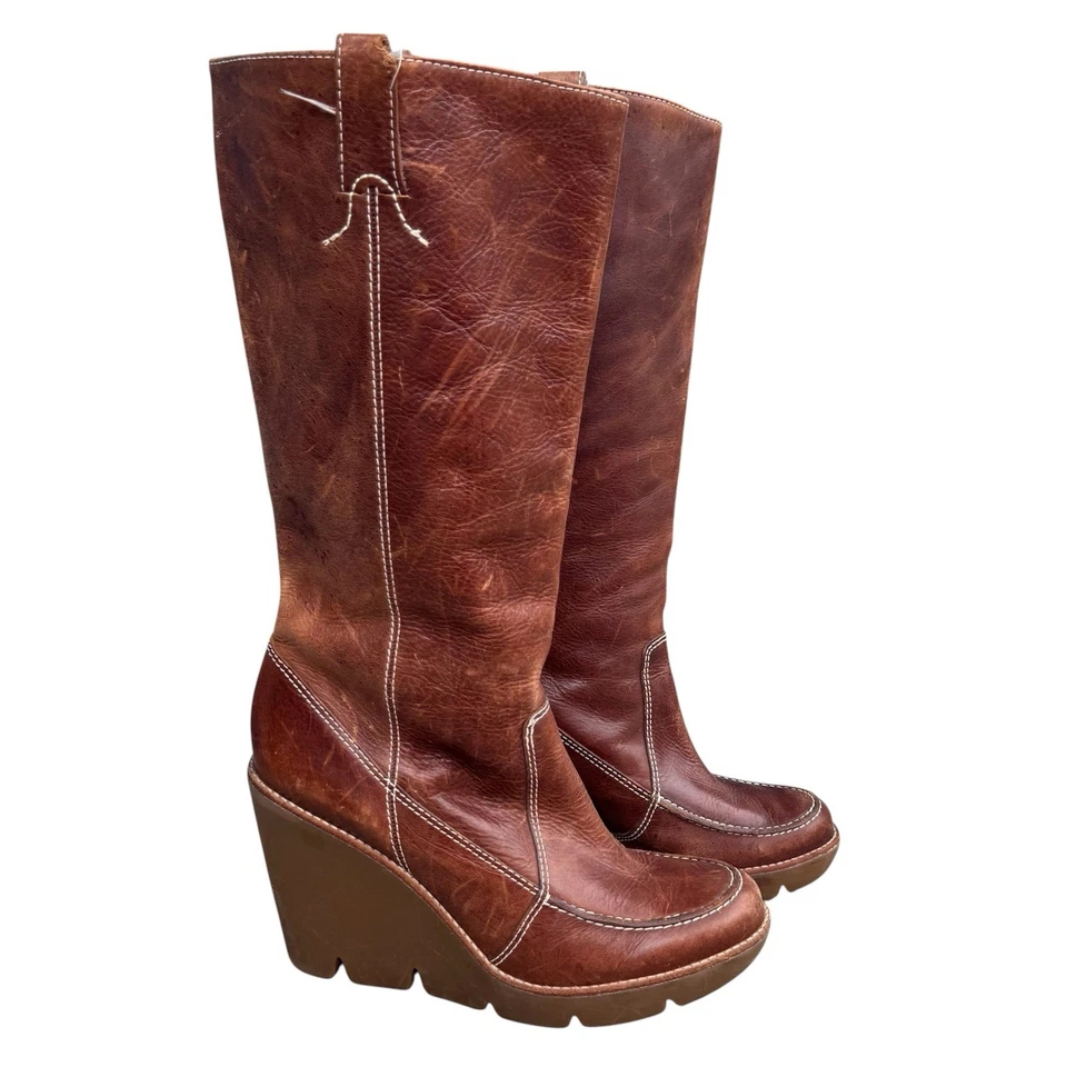 Y2K Michael Kors Brown Leather Knee High Wedge Pull On Boots 8.5 M Distressed - Image 2 of 4