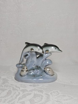 Vintage  2 Dolphin Figurine Ceramic Glaze Wave 3'' Tall 90s Blue White Shells