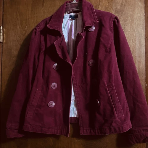 American Eagle Womens Denim Jacket XL/TG Burgundy Cropped Blazer Lined Double