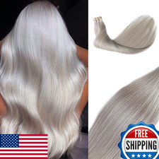 Platinum Silver Tape-in Hair Extensions 20" Silky Straight 100 Remy Human Hair