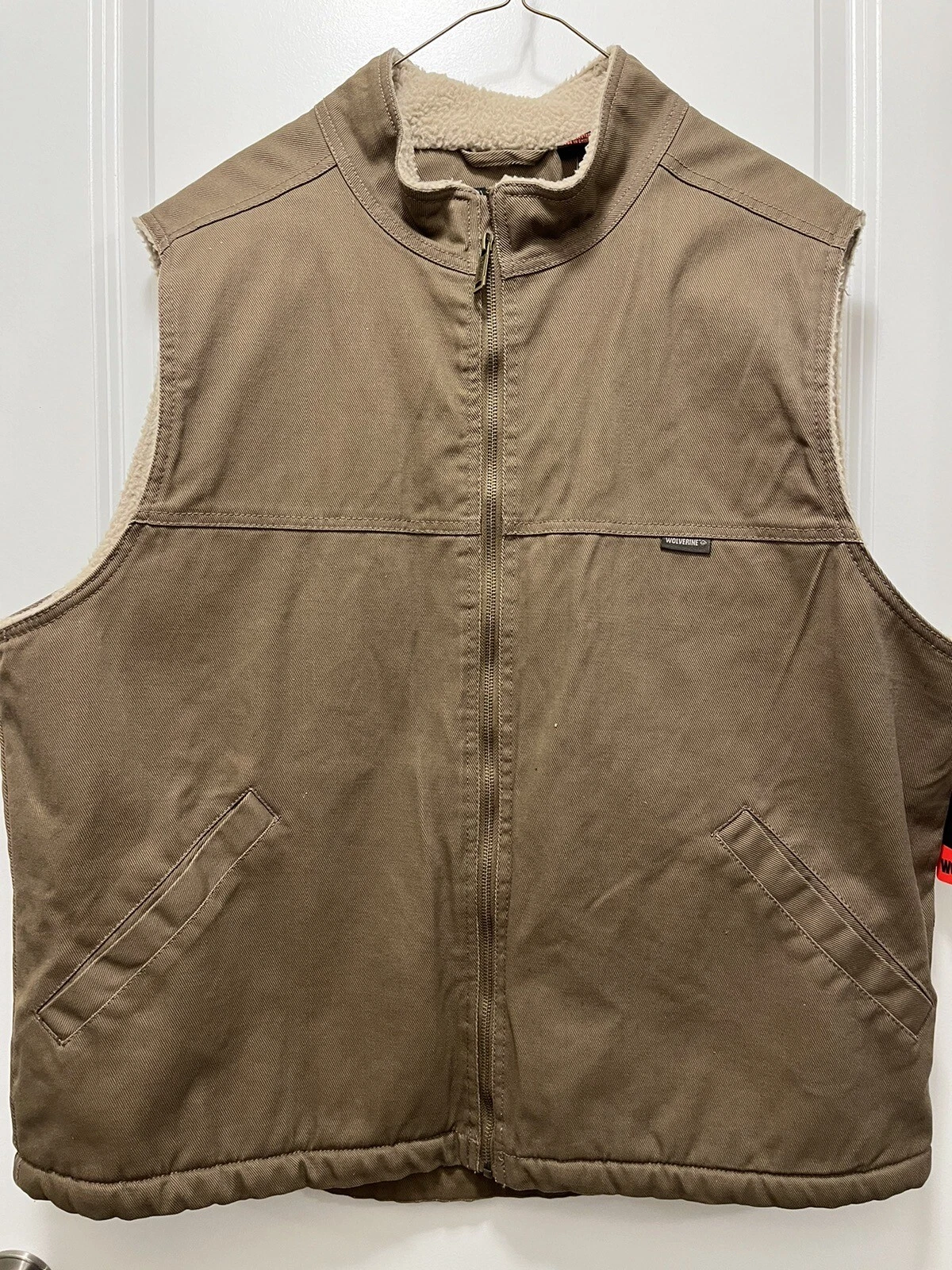 Wolverine Men's Full Zip Sherpa Lined Work Vest Brown XL Cotton Beige W/ Pockets