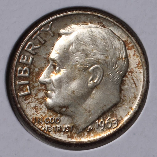 1963-D 10C Roosevelt Dime UNC - Interesting toning Nice torch lines -actual coin