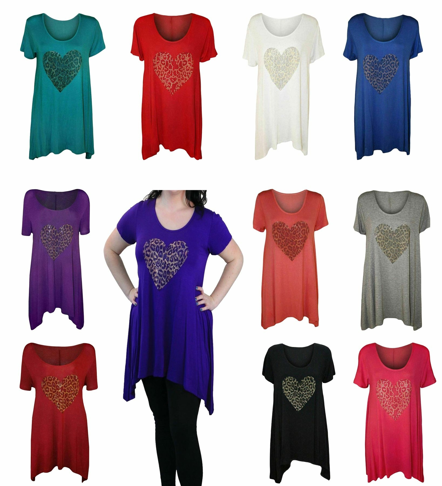 Womens Tops Leopard Print Studded Heart Short Sleeve Hanky Hem Womens