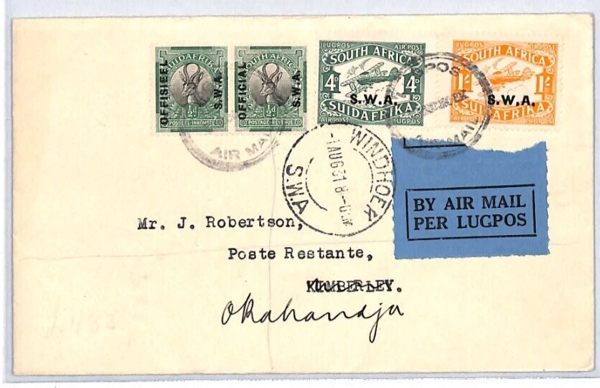 SOUTH WEST AFRICA Air Mail 1931 *SWA OFFICIAL* PAIR Windhoek Okahandja YJ182 - Image 2 of 4