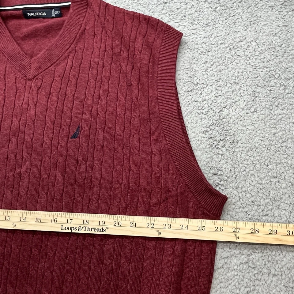 Chaleco Suéter Nautica Para Hombres 2XLT Tejido con Cable Borgoña Algodón Cuello en V 2XL Alto Foto 4 de 4