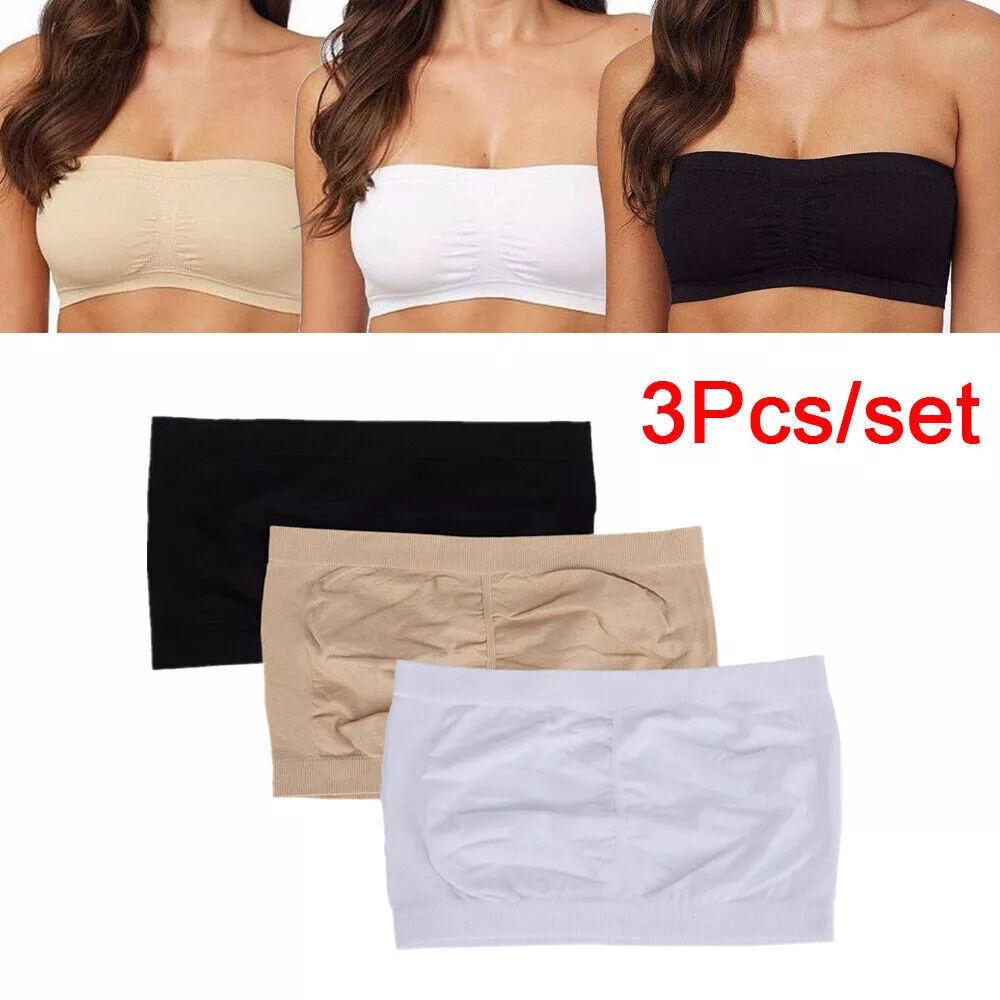 3 Pack Women Ladies Strapless Seamless Bandeau Bra Boob Tube