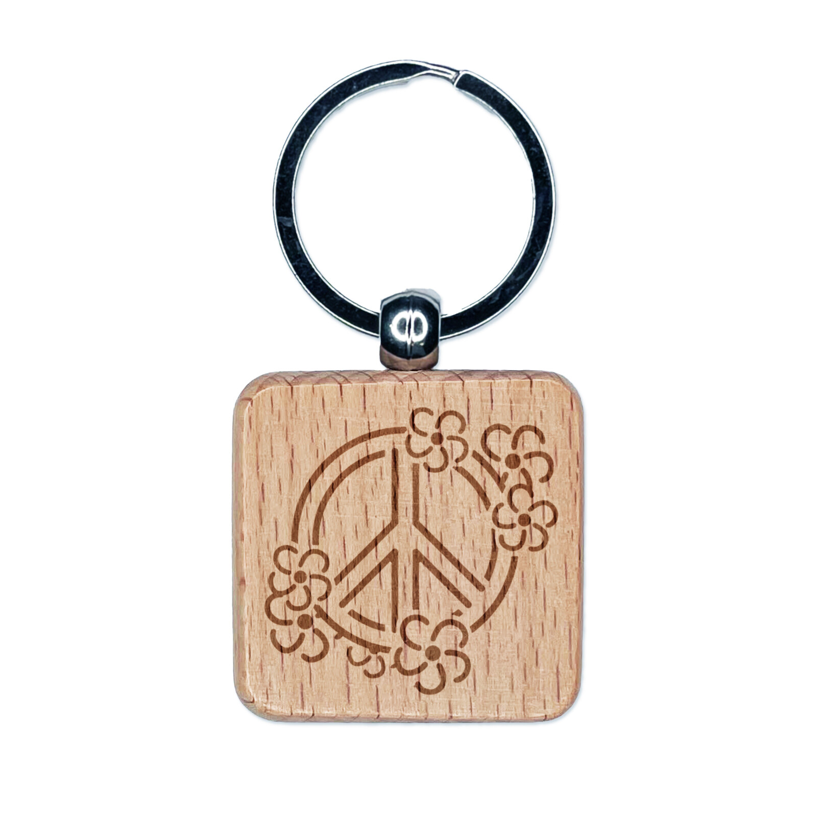 Floral Peace Sign Wooden Keychain Charm with Engraved Design