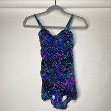 Vintage 1980s Cabana Club Small One Piece Floral Print Ruched Swimsuit Colorful