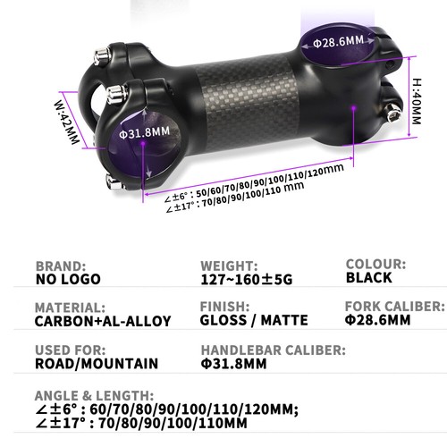 Aluminum-Carbon Bicycle Stem ±6°/±17° MTB Road Bike Stems 31.8*60-120mm No Logo - Picture 9 of 21