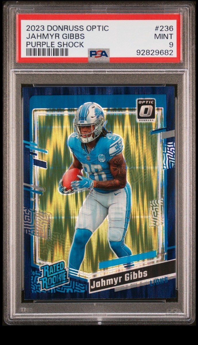 2023 Donruss Optic Jahmyr Gibbs RC Purple Shock PSA 9 Lions | eBay