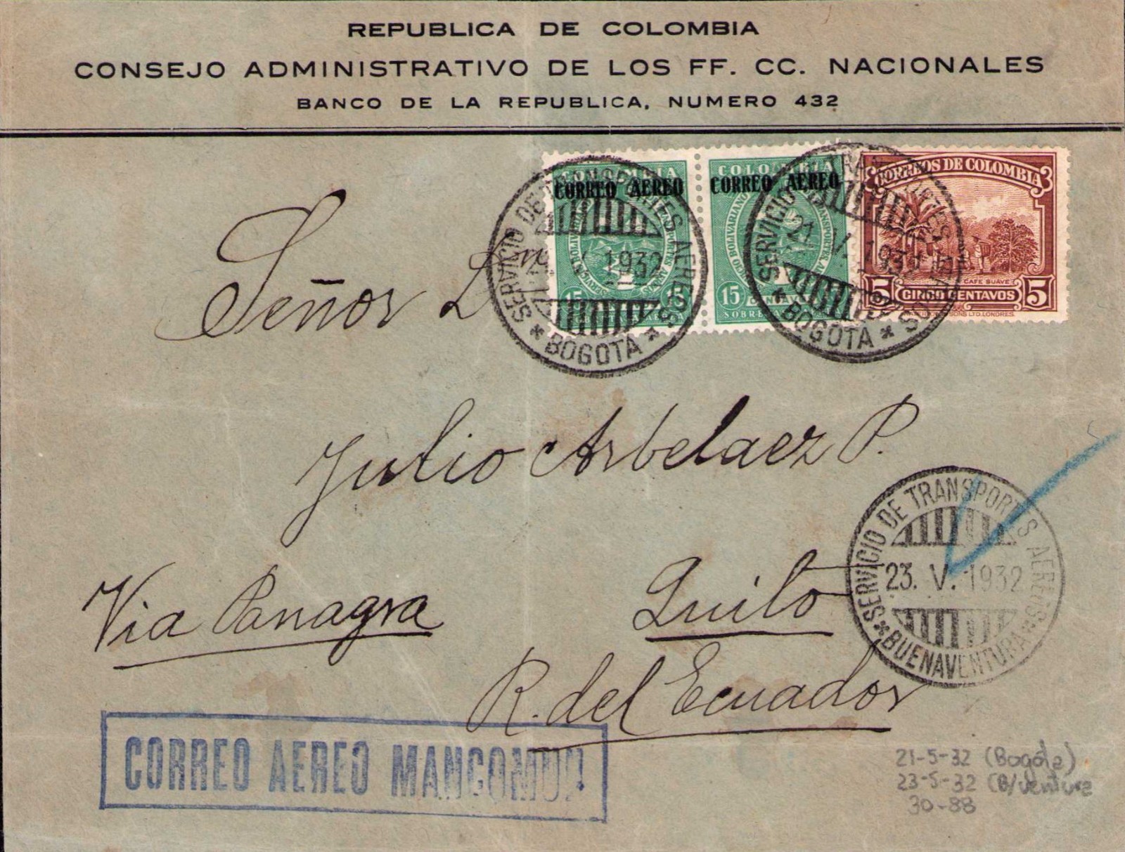COLOMBIA - ECUADOR - 30c SCADTA COVER - BOGOTA to QUITO via BUENAVENTURA - 1932
