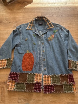 Women s Vintage Large Three Rivers Fall Autumn Denim Button Up Shirt Pumpkins Le