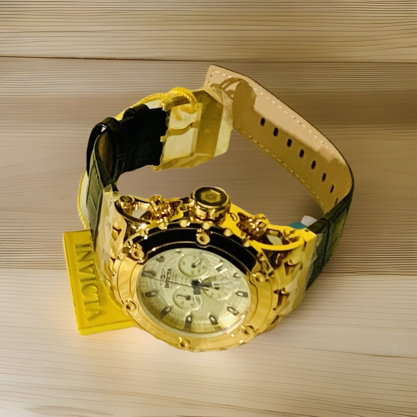 INVICTA 52MM SUBAQUA CHRONO GOLD PLATED S.STEEL /BLACK LEATH