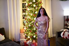 Women's Azazie Gold Sequin Off-Shoulder Dress Size 6