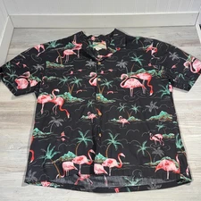Vtg Paradise Found Shirt Men Large Black Tropical Flamingo Hawaiian Made In USA