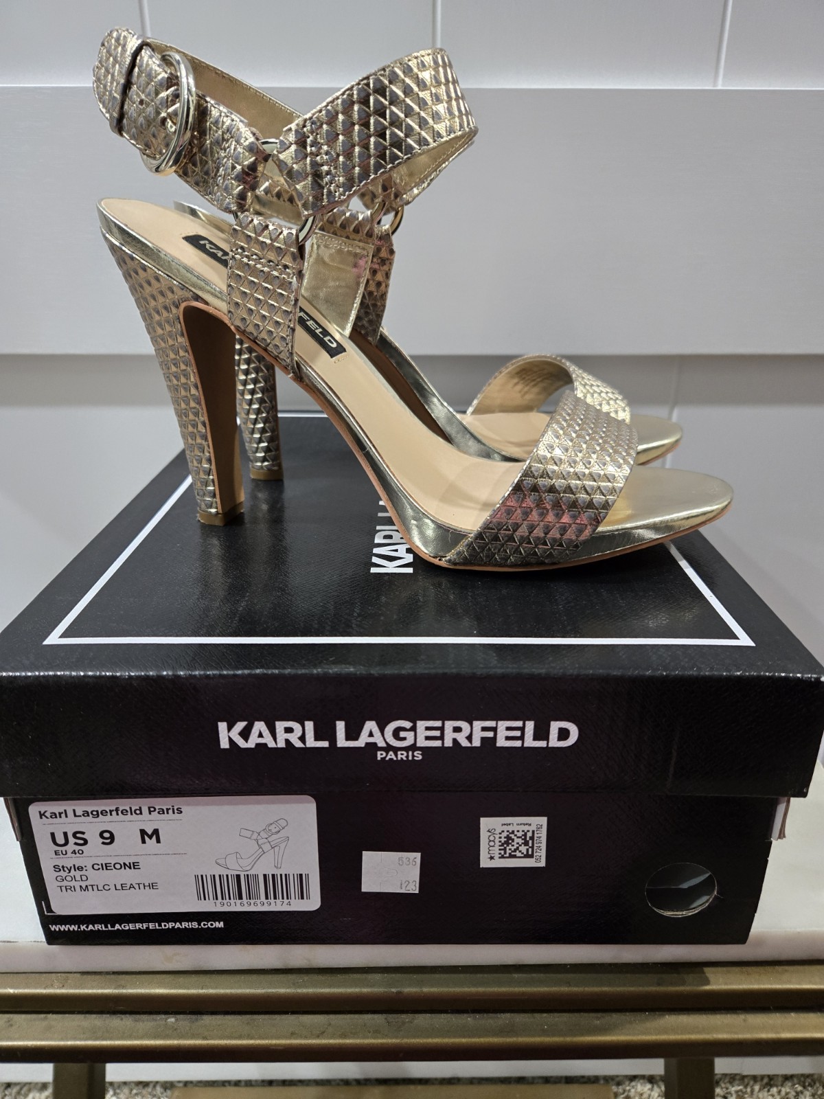 Karl Lagerfeld Paris Women's Cieone 9 Leather Heels Sandals Gold Metallic