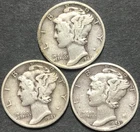 1941 1943 1943S MERCURY SILVER DIME LOT 3 pcs