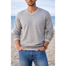 Maremma Italy Mens Grey V-Neck Cotton Blend Striped Trim Knit Sweater Size L 52