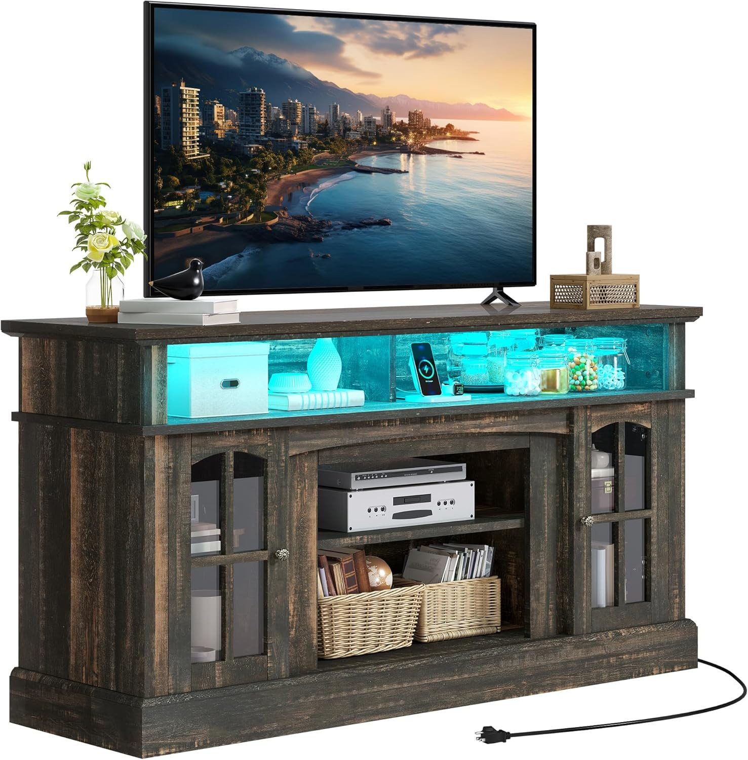 Rustic Oak TV Stand for 65" TVs with LED, Glass Doors & Outlets