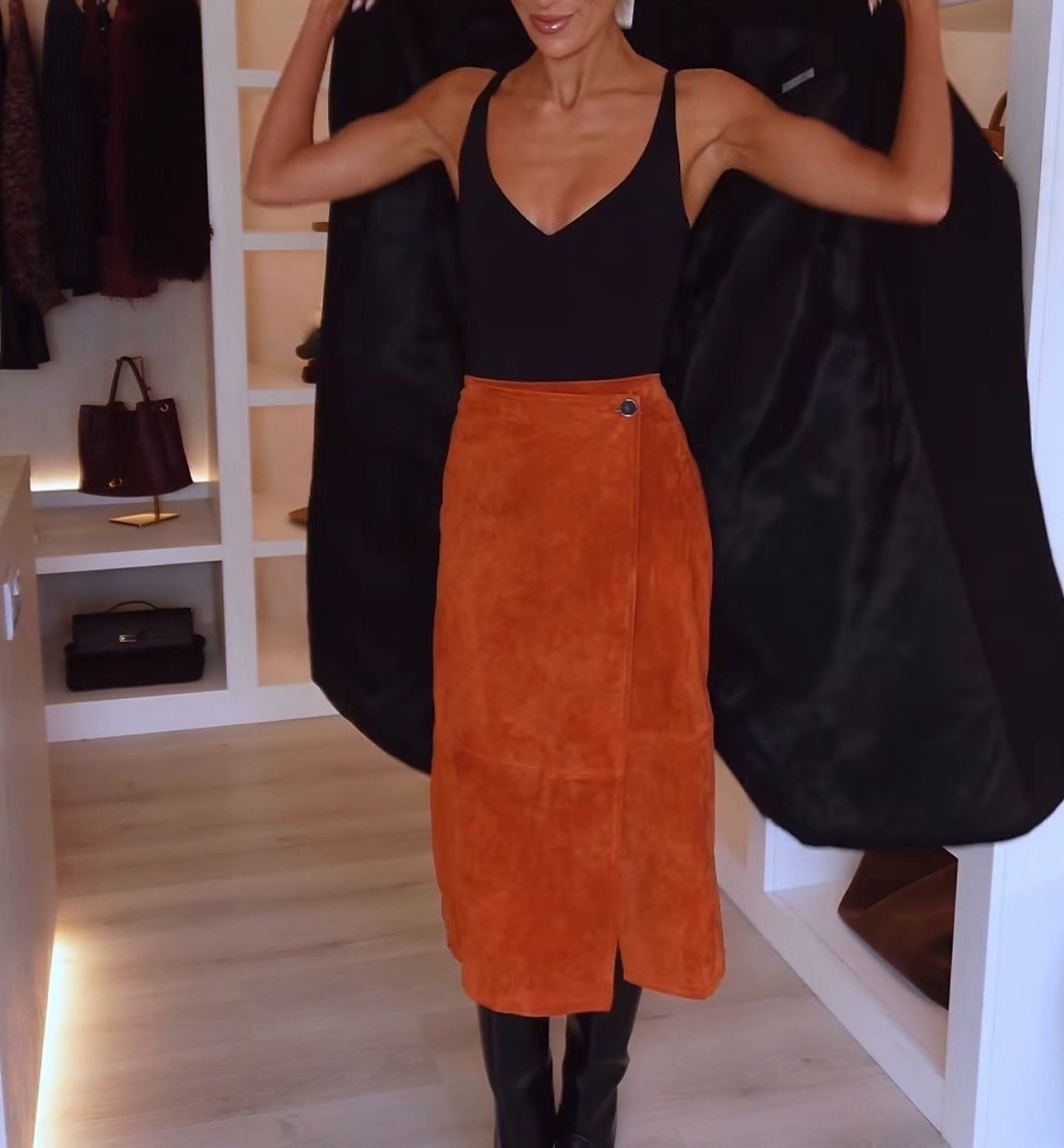 ZARA NEW WOMAN MID-WAIST WRAP SUEDE LEATHER WRAP MIDI SKIRT ORANGE