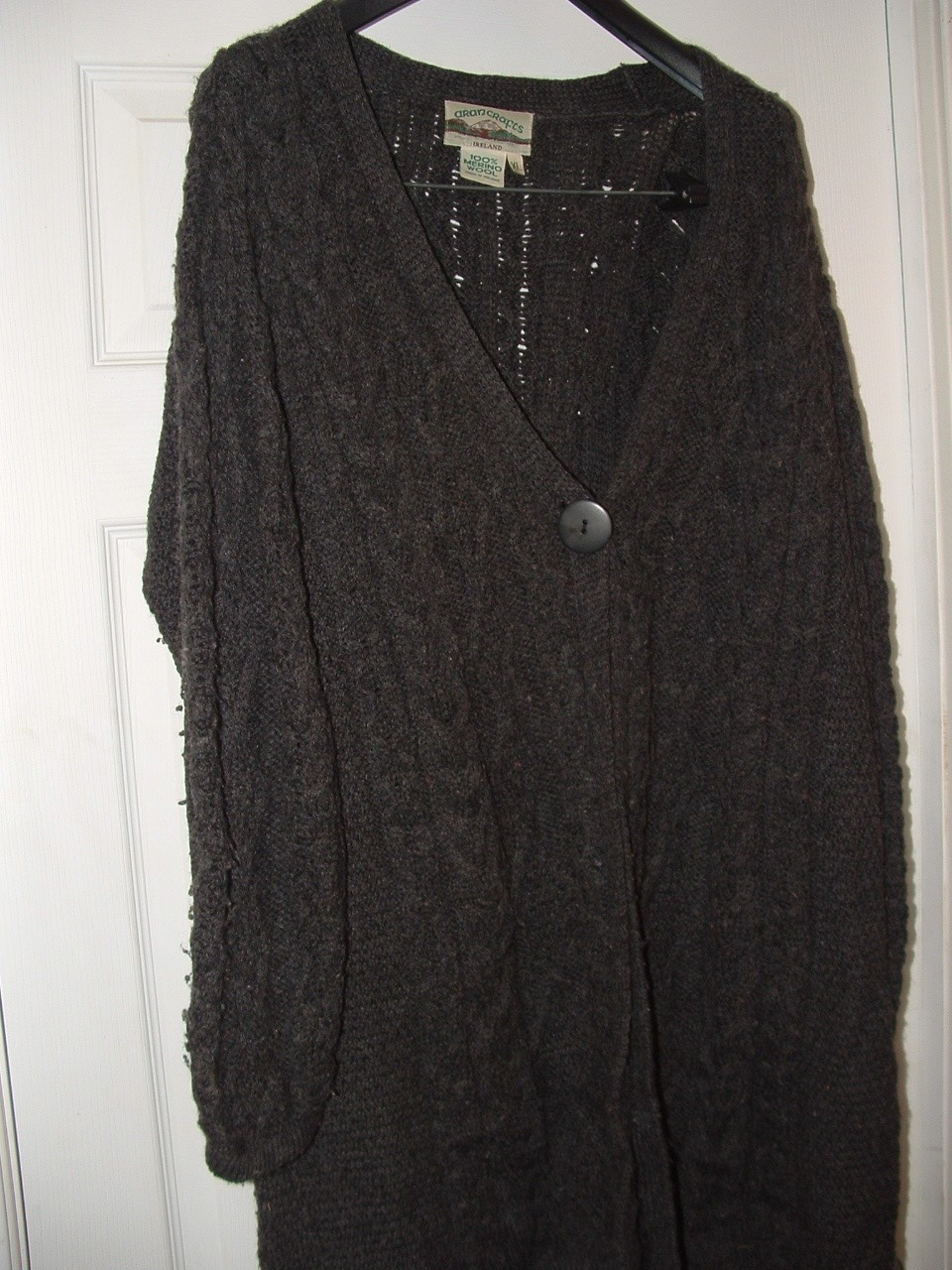 Vtg Aran Crafts Merino Wool Cable Knit Cardigan XL Charcoal Ireland Fisherman