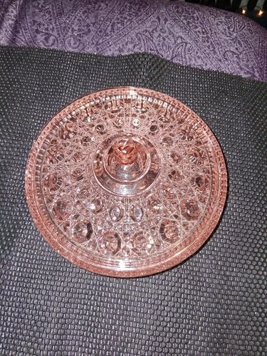 Vintage Indiana Glass Windsor Button Design Cane Pink Glass Candy Dish with Lid