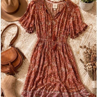 Knox Rose Boho Floral Midi Dress Medium Rust Pink Tassel Peasant Sleeve Cottagec