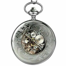 Half Wind Mechanical Pocket Watch Half Hunter Steel Pendant With Chain