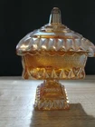 Vntg 60s Jeanette Peach Depression Glass Cov'rd Pedestal Wedding Box Candy Dish