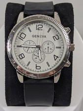 Geneva Unisex Silver Tone Dial Round Case Black Silicone Band Watch 9 Inch Adj