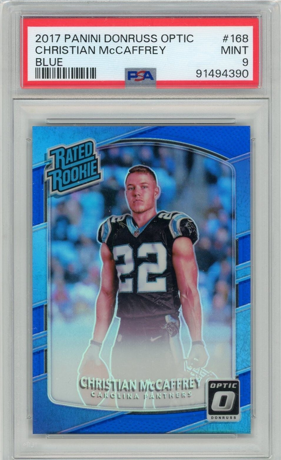 2017 Donruss Optic Football #168 Christian McCaffrey Blue Rookie #139/149 PSA 9