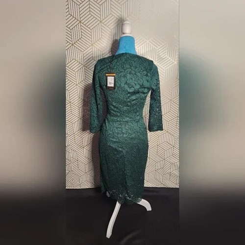 Women Emerald Green vintage lace cocktail evening V-neck long sleeve dress (S) - Picture 4 of 7