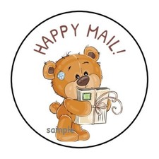 30 HAPPY MAIL TEDDY BEAR ENVELOPE SEALS LABELS STICKERS 1.5" ROUND TAGS