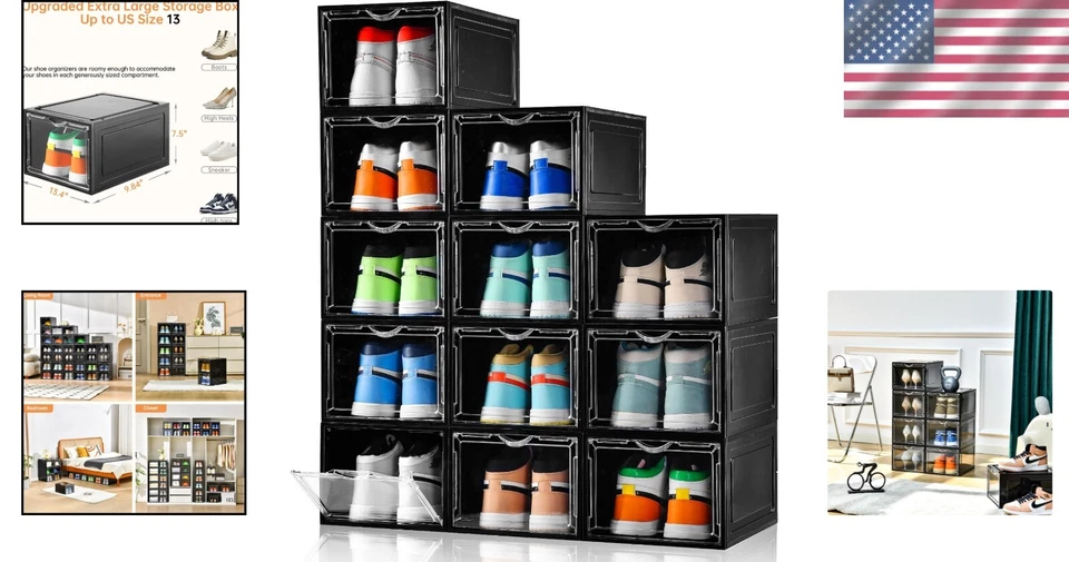 Pacote com 12 X-Large atualizado caixa de armazenamento de sapatos empilhável transparente para tênis tamanho 13 - Imagem 2 de 4