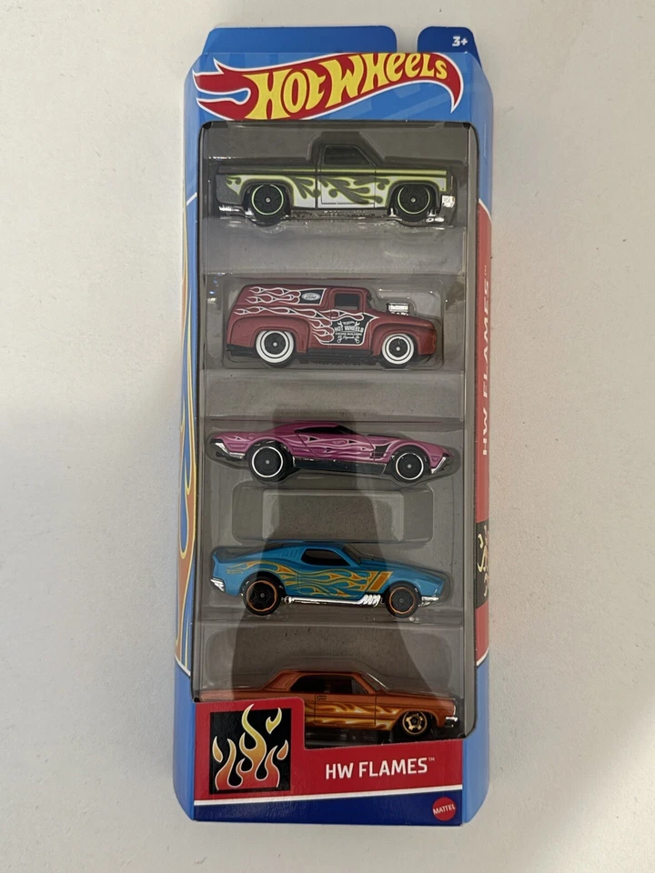 Paquete de 5 Hot Wheels Flames 🔥Nuevo EMBALAJE ORIGINAL HTV47 con 83 Chevy Silverado '56 Ford Foto 2 de 4