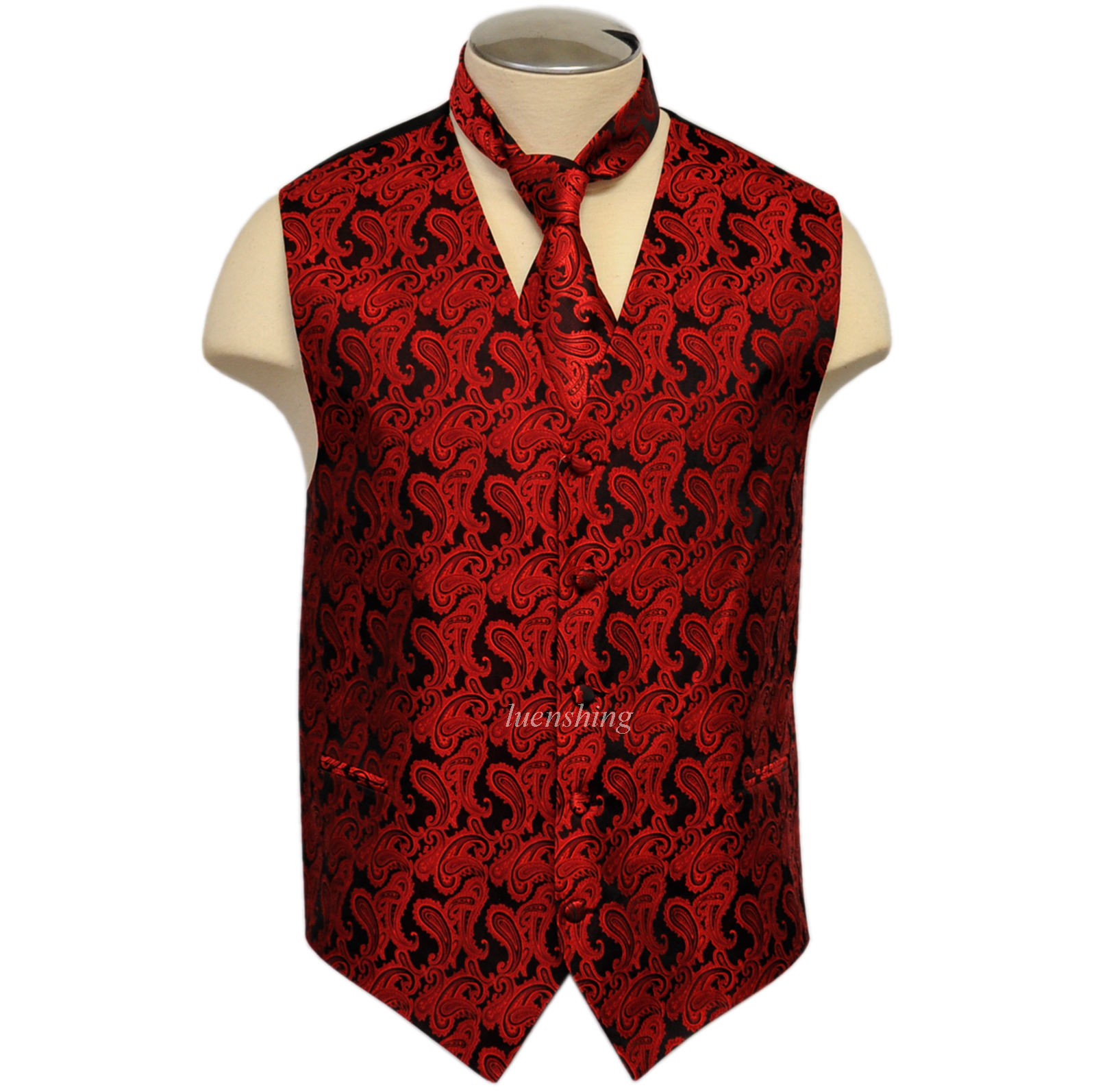 Barry. Wang Red Floral Suit Vest Black Formal Dress Vest Tie Pocket Sq