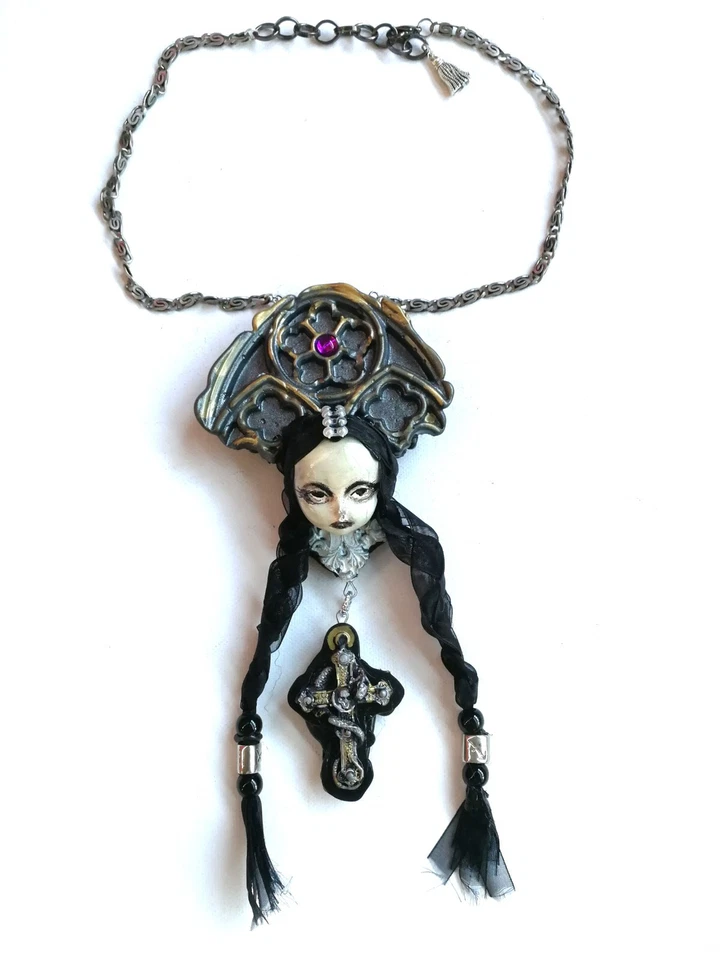 Doll Head Jewelry Necklace Pendant Fairy Wednesday Addams Gothic Dark Luxury Bib - Image 2 of 4