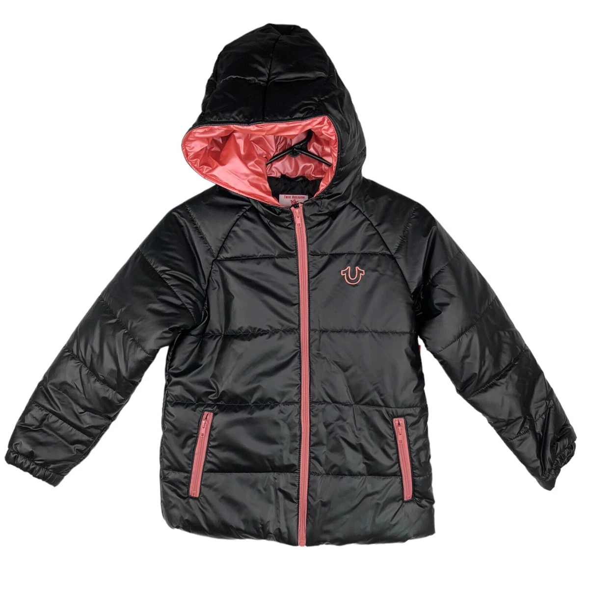NEW True Religion Black Pink Embroidered Quilted Puffer Winter