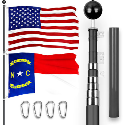 25Ft Telescoping Flagpole BLK & American and North Carolina Flags Emb 300D 3x5Ft