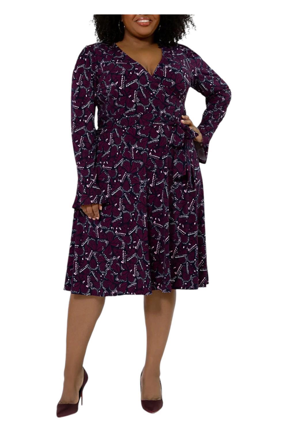 Leota Womens Rosalia Butterfly Long Sleeve Faux Wrap Dress Purple