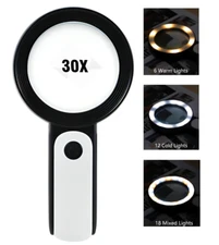 1 PC 30X Magnifying Glass With 12 LED Cold Lights & 6 Warm Lights Large Handheld