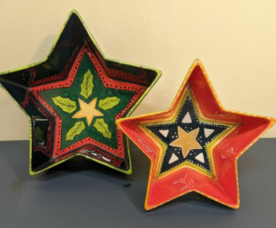 2 BELLA CASA BY GANZ STAR Ceramic Dishs  Singed LAUREL BURCH Green 4th Of July