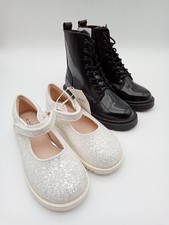 M&S Kids 2pcs Shoes Black Ankle Boots & Silver Glitter Pumps Size UK 12 NEW