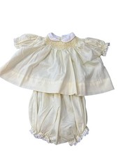 Polly Flinders Embroidered Smocked Dress Lace Bloomer Set Stitch Yellow Vintage