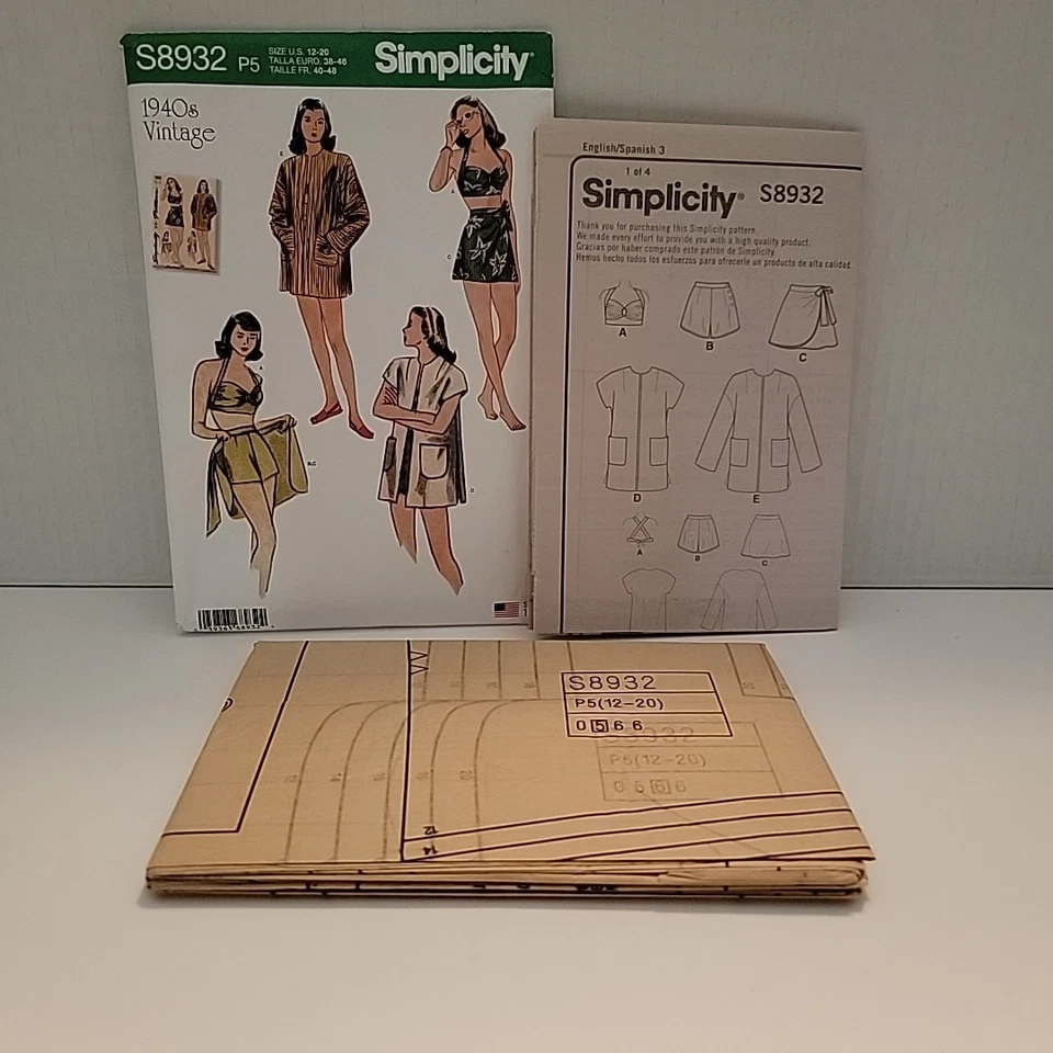 Simplicity S8932 1940’s-Vtg-Inspired Bikini Top shorts wrap skirt SZ-20 UC FF - Image 2 of 2
