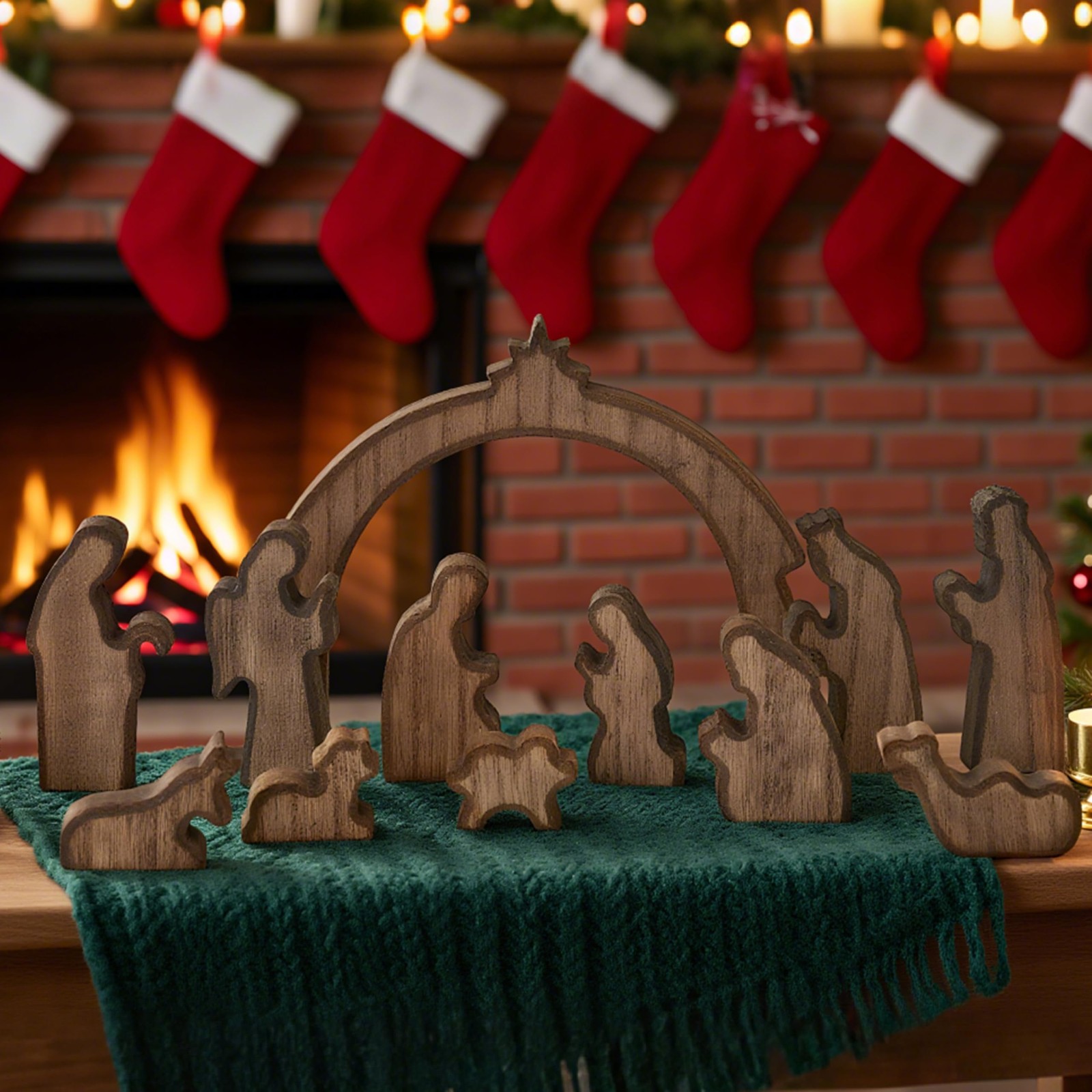 Indoor Christmas Nativity Set 12pcs Wooden Manger Rustic Mini Figurines